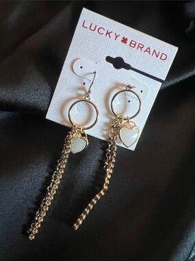 Lucky Brand Gold Drop Earrings with White Heart Charms